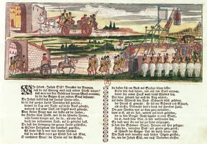 Poprava Josepha Süsse Oppenheimera v roce 1738 (barevný dřevoryt) od German School