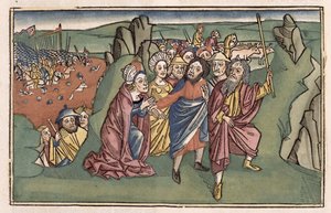 Exodus 14 Mojžíš a Izraelité překračující Rudé moře, z norimberské bible (Biblia Sacra Germanaica) (barevný dřevoryt) od German School