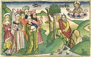 Exodus 15 1-19 Mojžíšova píseň, z norimberské bible (Biblia Sacra Germanaica) (barevný dřevoryt) od German School
