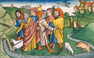 Exodus 17 1-7 Mojžíš nutí proudit vodu ze skal Hareb, z norimberské bible (Biblia Sacra Germanaica) (barevný dřevoryt) od German School