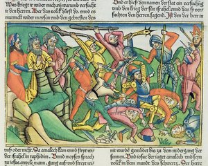 Exodus 17 8-15 Áron a Hur podporují Mojžíše, aby zajistili vítězství Izraelitů nad Amalekity, z norimberské bible (Biblia Sacra Germanaica) (barevný dřevoryt)