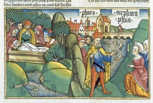 Exodus 18 1 15-22 Pohřeb Josefa a příběh hebrejských porodních bábek z „Norimberské bible (Biblia Sacra Germanaica)“ (barevný dřevoryt) od German School