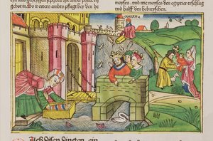 Exodus 2 1-6 Mojžíš byl splaven po Nilu a objeven jednou z faraonových manželek, z norimberské bible (Biblia Sacra Germanaica) (barevný dřevoryt) od German School