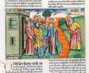 Exodus 7 8-25 Áronova hůl v podobě hada pohltí hady faraonských mudrců a čarodějů a Mojžíš promění vody Nilu v krev, z norimberské Bible (Biblia Sacra