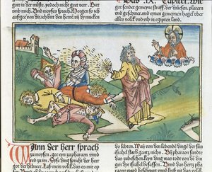 Exodus 9 8-12 Sedm ran Egypta: Mojžíš a mor vředů, z norimberské bible (Biblia Sacra Germanaica) (barevný dřevoryt) od German School