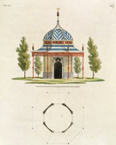 Exteriér čínského zahradního chrámu, z publikace Recent New Ideas for the Garden, vydané v roce 1779 (barevná rytina) (viz také 170864) od German School