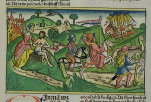 Faksimile kopie Job: Frontispiece, Job je napomínán svou ženou, jeho dům a rodina jsou zničeny hurikánem a jeho dobytek byl ukraden, z norimberské bible (Biblia Sacra Germanaica) (barevné od German School