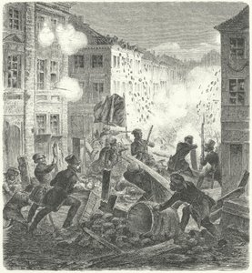 Boj na barikádě před radnicí Colln, Berlín, revoluce 1848 (rytina) od German School