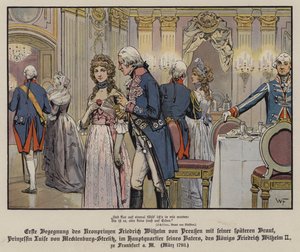 První setkání korunního prince Fridricha Viléma Pruského a jeho budoucí nevěsty, princezny Louise z Mecklenburg-Strelitz v sídle jeho otce, krále Fridricha Viléma II., ve Frankfurtu od German School