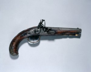 Křesadací pistole, výrobce sudů Johann Andreas Kuchenreuter (1716-1795), kolem 1750 (ocel, ořechová pažba, mosazné úchyty, hlaveň vykládaná zlatem, mosazí a stříbrem) od German School