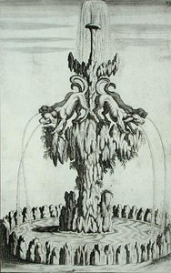 Fontána se psy, z „Architectura Curiosa Nova“, od Georga Andrease Bocklera (1617-85), vydáno 1704 (rytina) od German School