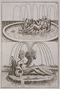 Fontány, z Architectura Curiosa Nova od Georga Andrease Bocklera (1617-85), vydané 1704 od German School
