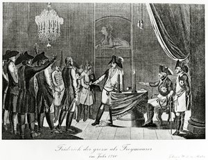 Fridrich Veliký přijímá svého švagra Fridricha, markraběte Braniborsko-Bayreuthského jako svobodného zednáře v Berlíně v roce 1740 od German School