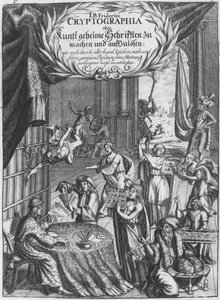 Frontispis, ilustrace z Cryptographia, nebo tajné spisy Johanna Balthasara Fridericiho, vyryté Johanem Friedleinem (17. století) vydané v Hamburku, 1685 od German School