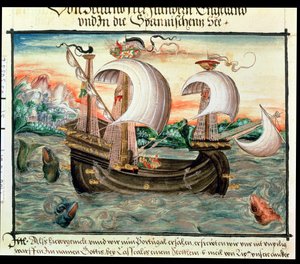 Galeona v plné plachtě na cestě do Portugalska, ilustrovaná rodinou Color (nebo Kellerů) z Norimberku (vellum) od German School