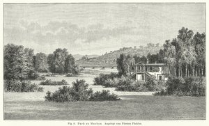 Zahradní design: Muskau Park, Německo, navržený princem Hermannem von Pueckler-Muskau (rytina) od German School