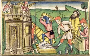 Genesis 11 1-9 Stavba Babylonské věže, z norimberské bible (Biblia Sacra Germanaica) (barevný dřevoryt) od German School