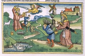 Genesis 21 1-14 Abrahamovi obětovali Izáka z norimberské bible (Biblia Sacra Germanaica) (barevný dřevoryt) od German School