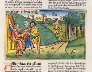 Genesis 27 6-29 Jacob dostává Izákovo požehnání z norimberské bible (Biblia Sacra Germanaica) (barevný dřevoryt)