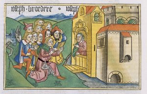 Genesis 42 1-5 Josefovi bratři přijíždějí do Egypta, z „Norimberské bible (Biblia Sacra Germanaica)“ (barevný dřevoryt) od German School