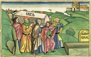 Genesis 49:28-33 Pohřeb Jákoba z norimberské bible (Biblia Sacra Germanaica) (barevný dřevoryt) od German School
