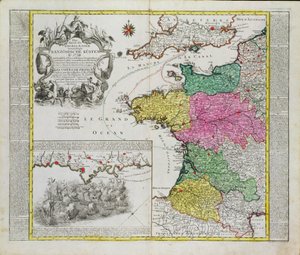 Německá mapa zobrazující anglické námořní útoky na francouzské přístavy v roce 1758