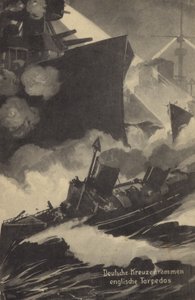 Německý křižník taranující britský torpédový člun, 1. světová válka (litografie) od German School