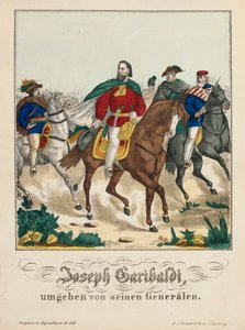Giuseppe Garibaldi obklopen svými generály, vydal G.N. Renner, Norimberk, 1866 od German School