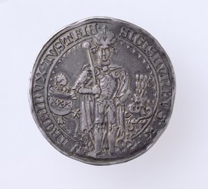 Guildiner (taler) ze Zikmunda (1439-96) hrabě z Tyrolska, Hall Mint, 1486 (avers) (stříbrný) (revers viz 168059)