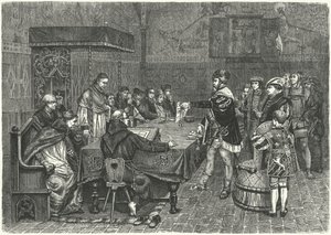 Gustav I Vasa, švédský král, konfrontující Petera Sunnanvadera, biskupa z Vasteras od German School