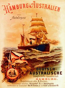 Hamburk - Austrálie, plakát inzerující německou australskou paroplavební společnost, 1889
