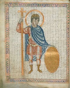 Harley 3045 fol.2 Císař Ludvík I., zbožný, držící kříž a štít, z 
