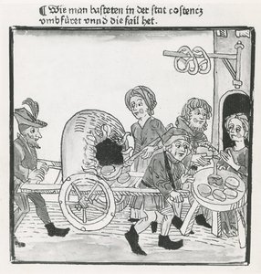 Hawker of Palačinky a preclíky, během Kostnického koncilu v roce 1417, po prvotisku, kolem roku 1485 (pero a inkoust na papíře) od German School