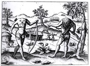 Bezhlaví muži a ženy, ilustrace z popisu sira Waltera Raleigha o Guyaně, publikovaného v Norimberku, 1599 od German School