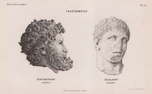 Hlavy ze soch boxerů vykopaných v Olympii, Řecko (rytina) od German School