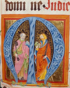 Historická iniciála M se svatými Petrem a Pavlem, z graduálu Friedricha Zollnera z Langenzennu, 1439-42 od German School