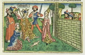 I Kings 3 16-28 Soud of Solomon, z norimberské Bible (Biblia Sacra Germanaica) (barevný dřevoryt) od German School