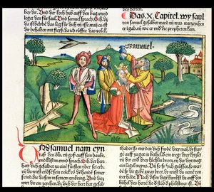 I Samuel 10 Korunovace a pomazání Saula, z norimberské bible (Biblia Sacra Germanica) (barevný dřevoryt)