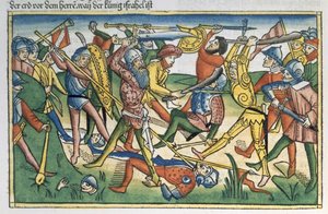 I Samuel 28 1-2 Válka Pelištejců proti Izraeli, z norimberské bible (Biblia Sacra Germanaica) (barevný dřevoryt) od German School