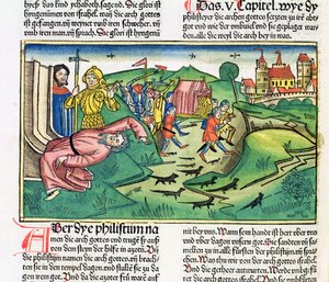 I Samuel 5:1-11 Pelištejci se zmocní archy a jsou zasaženi morem, z norimberské bible (Biblia Sacra Germanaica) (barevný dřevoryt)