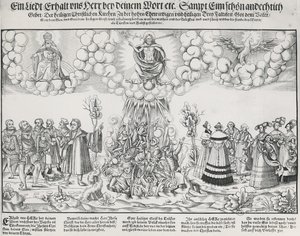 Ilustrace hymny Martina Luthera prosící o pomoc Boží proti smrtícímu dílu papeže od German School