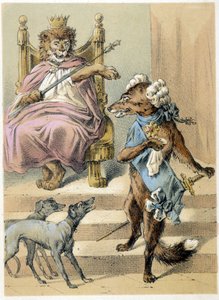 Ilustrace pohádek Franze Hoffmanna „“ Pohádky a bajky – Liška“: Liška mluvící před Lvím králem. Chromolitografie 19. století. od German School