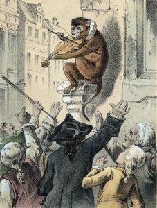Ilustrace pohádek Franze Hoffmanna „“ Příběhy a bajky – Opice a housle““: opice hrající na housle před davem. Chromolitografie 19. století. od German School