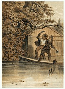 Ilustrace dobývání řeky Amazonky Evropany. v „De Bootslieden der Amazon-River“, Karl Muller, Nizozemsko od German School