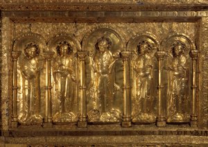Před oltářem Cathedrale of Bale Kolem lavice Krista, tři archandělé (Michael, Gabriel a Raphael) a svatý Benedikt z Nursie a u jeho nohou císař Jindřich II řekl světec (973-1024) a sv. Impress Cunegonde (975-103 od German School