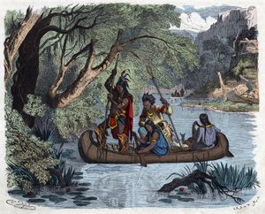 Indiáni lovící na kánoi na řece v Americe. V „“ Wenn Jemand eine Reise thut, tak kann er was erzahlen““ (Když někdo cestuje, tohle může vyprávět), německá pohádka Franze Wiedemanna od German School