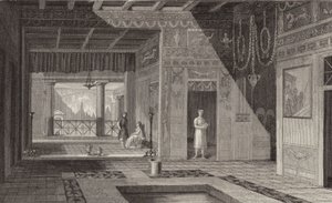 Interiér římského domu v Pompejích. Ilustrace pro Bilder-Atlas (rytina) od German School