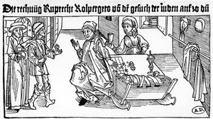 Židovský lichvář s rodinou přijímající klienty, 1491 (dřevoryt) od German School
