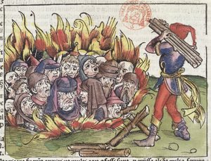 Židé upálení na hranici, z Norimberské kroniky od Hartmanna Schedela (1440-1514), 1493 (barevný dřevoryt) od German School