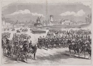 Německý císař Wilhelm I. sledoval svou vojenskou přehlídku v Longchamp, Paříž, Francie, březen 1871 (rytina) od German School
